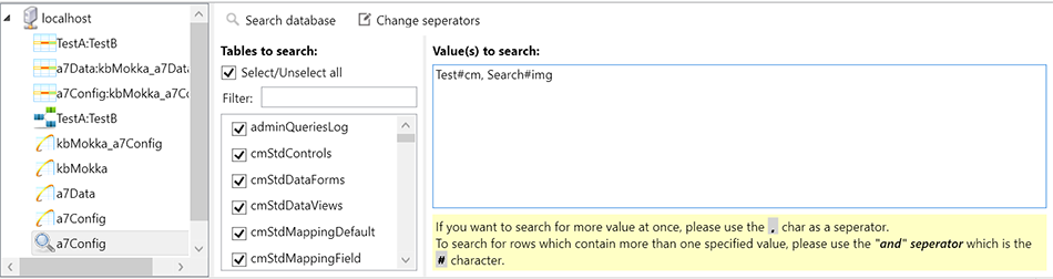 Search values to search the databaes